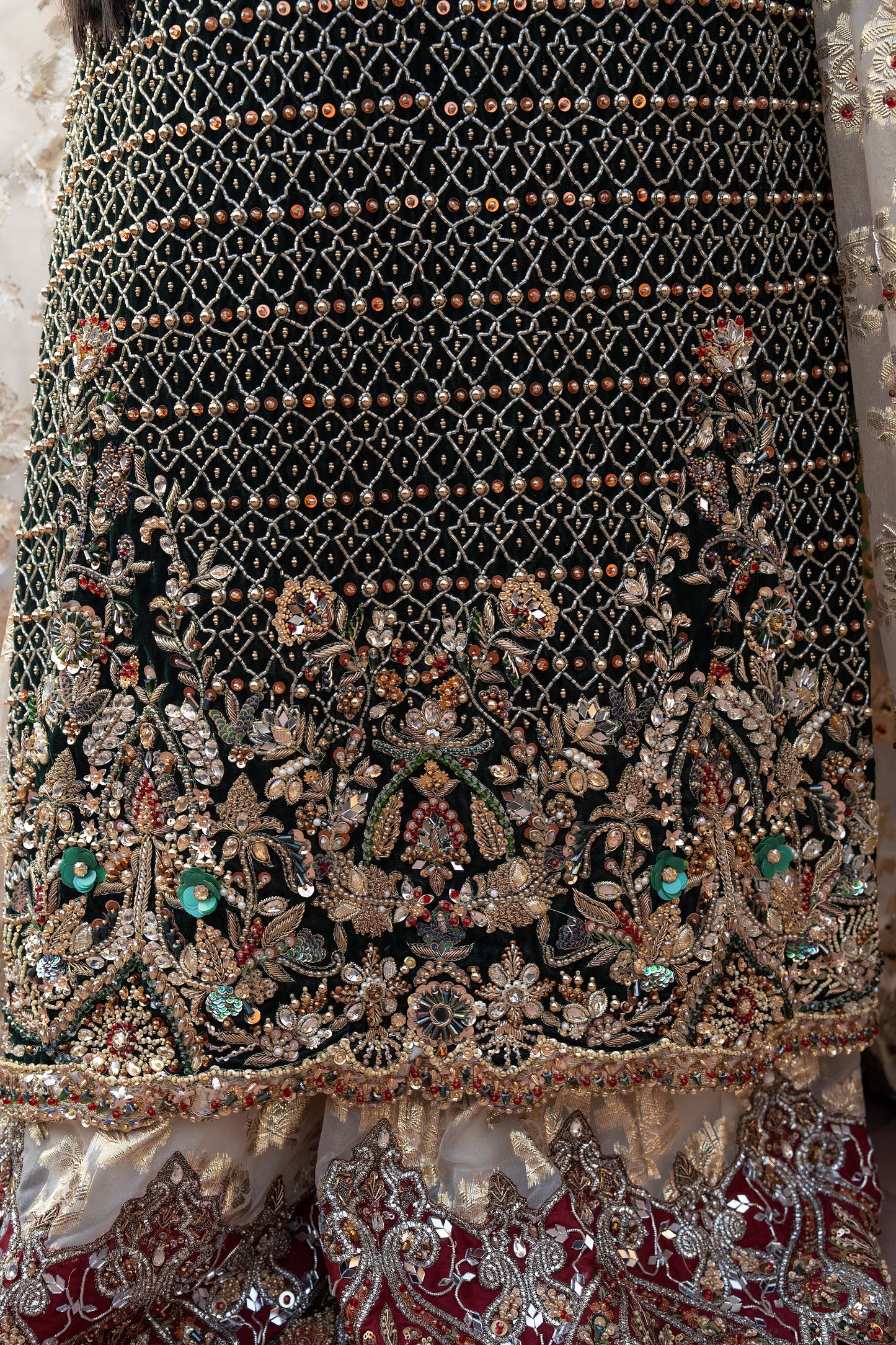 Close-up of a intricately designed fabric with embroidery and beads.